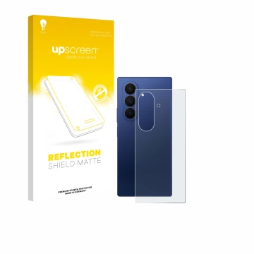 Parte frontal de un envase de producto con el logotipo de la marca upscreen. Al lado se muestra el dispositivo Samsung Galaxy 