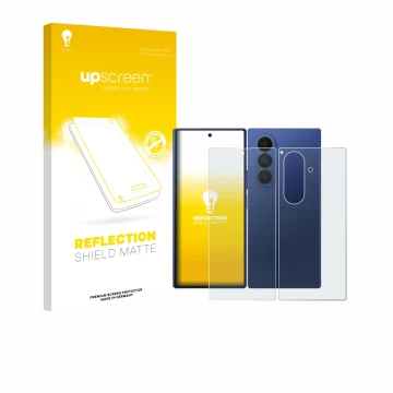 Parte frontal de un envase de producto con el logotipo de la marca upscreen. Al lado se muestra el dispositivo Samsung Galaxy 