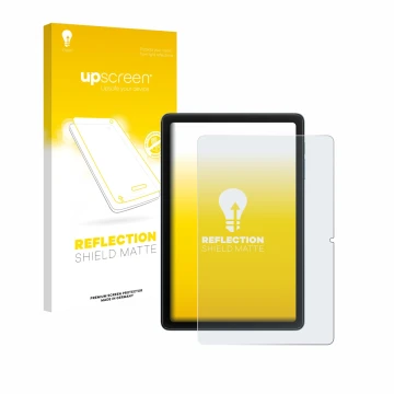 Parte frontal de un envase de producto con el logotipo de la marca upscreen. Al lado se muestra el dispositivo Blackview Tab 2