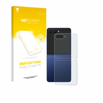 Parte frontal de un envase de producto con el logotipo de la marca upscreen. Al lado se muestra el dispositivo Samsung Galaxy 