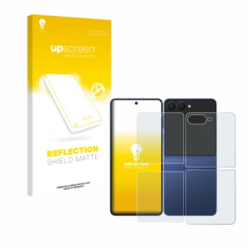 Parte frontal de un envase de producto con el logotipo de la marca upscreen. Al lado se muestra el dispositivo Samsung Galaxy 
