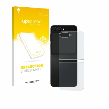 Parte frontal de un envase de producto con el logotipo de la marca upscreen. Al lado se muestra el dispositivo Samsung Galaxy 