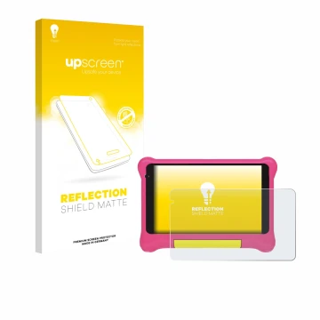Parte frontal de un envase de producto con el logotipo de la marca upscreen. Al lado se muestra el dispositivo Happybe Kids Ta