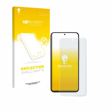 Parte frontal de un envase de producto con el logotipo de la marca upscreen. Al lado se muestra el dispositivo Samsung Galaxy 