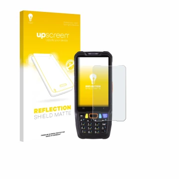 Parte frontal de un envase de producto con el logotipo de la marca upscreen. Al lado se muestra el dispositivo Point Mobile PM