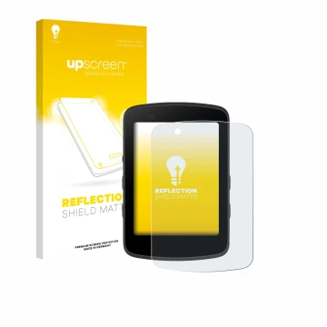 Parte frontal de un envase de producto con el logotipo de la marca upscreen. Al lado se muestra el dispositivo Bryton Rider 65