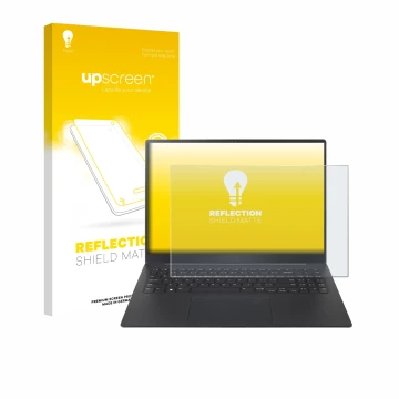 Parte frontal de un envase de producto con el logotipo de la marca upscreen. Al lado se muestra el dispositivo LG gram Pro 16 