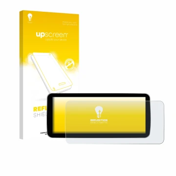 Parte frontal de un envase de producto con el logotipo de la marca upscreen. Al lado se muestra el dispositivo Ninetom Car Rad