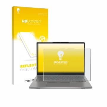 Parte frontal de un envase de producto con el logotipo de la marca upscreen. Al lado se muestra el dispositivo Lenovo ThinkPad