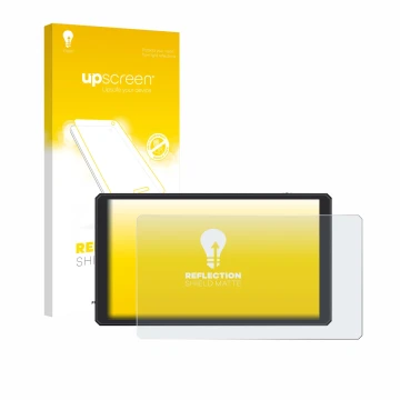 Parte frontal de un envase de producto con el logotipo de la marca upscreen. Al lado se muestra el dispositivo Feelworld CUT6 