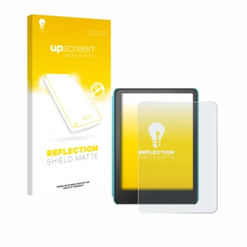 Parte frontal de un envase de producto con el logotipo de la marca upscreen. Al lado se muestra el dispositivo Amazon Kindle C