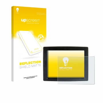 Parte frontal de un envase de producto con el logotipo de la marca upscreen. Al lado se muestra el dispositivo John Deere Gree