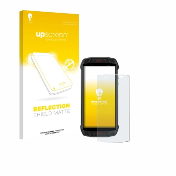 Parte frontal de un envase de producto con el logotipo de la marca upscreen. Al lado se muestra el dispositivo Ulefone Armor 1
