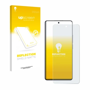 Parte frontal de un envase de producto con el logotipo de la marca upscreen. Al lado se muestra el dispositivo realme 15 Pro c