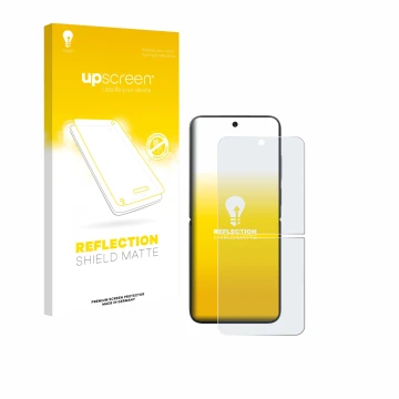 Parte frontal de un envase de producto con el logotipo de la marca upscreen. Al lado se muestra el dispositivo Xiaomi MIX Flip