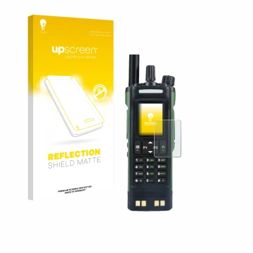 Parte frontal de un envase de producto con el logotipo de la marca upscreen. Al lado se muestra el dispositivo Baofeng DM-32 c