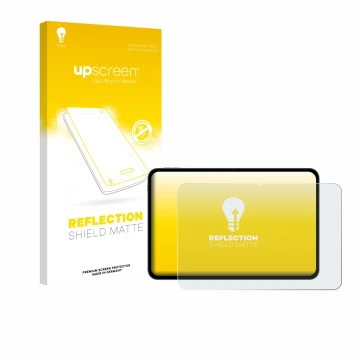 Parte frontal de un envase de producto con el logotipo de la marca upscreen. Al lado se muestra el dispositivo Teclast T65 con