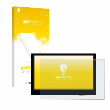 Parte frontal de un envase de producto con el logotipo de la marca upscreen. Al lado se muestra el dispositivo Waveshare 4.3