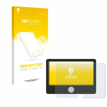 Parte frontal de un envase de producto con el logotipo de la marca upscreen. Al lado se muestra el dispositivo Dynavin D9-DCX 