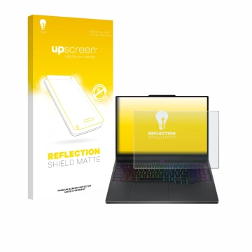 Parte frontal de un envase de producto con el logotipo de la marca upscreen. Al lado se muestra el dispositivo Lenovo Legion 5