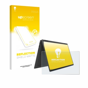 Parte frontal de un envase de producto con el logotipo de la marca upscreen. Al lado se muestra el dispositivo Lenovo IdeaPad 