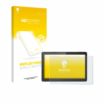 Parte frontal de un envase de producto con el logotipo de la marca upscreen. Al lado se muestra el dispositivo Hannspree Pad 1