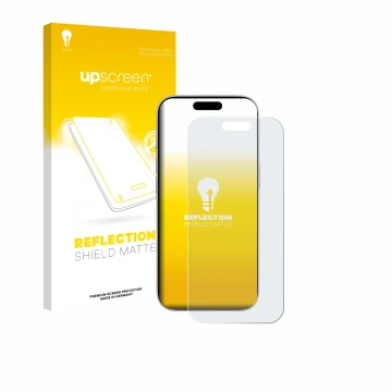 Parte frontal de un envase de producto con el logotipo de la marca upscreen. Al lado se muestra el dispositivo Apple iPhone 17