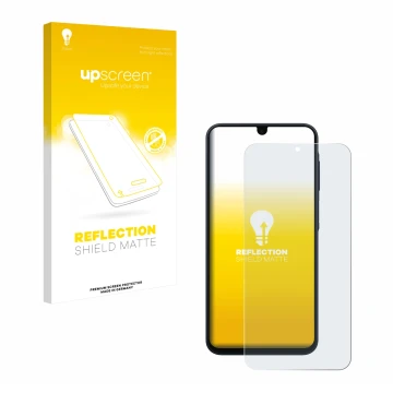 Parte frontal de un envase de producto con el logotipo de la marca upscreen. Al lado se muestra el dispositivo Samsung Galaxy 