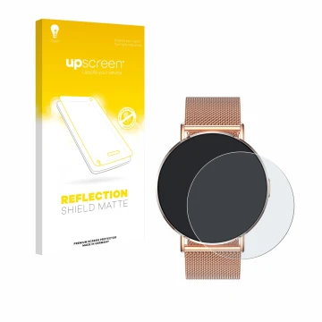 Parte frontal de un envase de producto con el logotipo de la marca upscreen. Al lado se muestra el dispositivo Levowatch Eve 1
