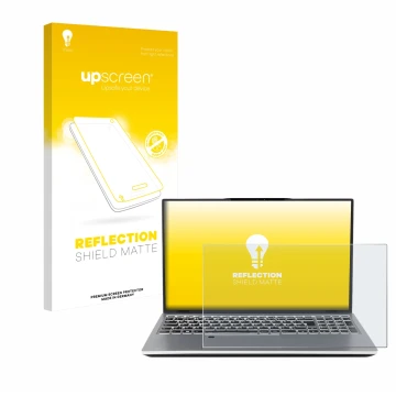 Parte frontal de un envase de producto con el logotipo de la marca upscreen. Al lado se muestra el dispositivo terra Mobile 15