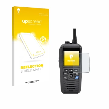 Parte frontal de un envase de producto con el logotipo de la marca upscreen. Al lado se muestra el dispositivo Icom IC-M94D co