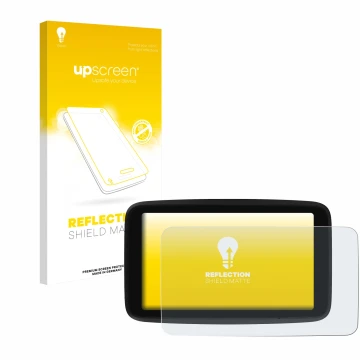 Parte frontal de un envase de producto con el logotipo de la marca upscreen. Al lado se muestra el dispositivo TomTom GO Class