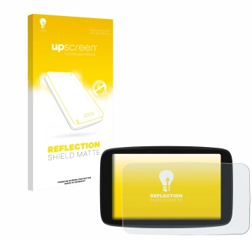 Parte frontal de un envase de producto con el logotipo de la marca upscreen. Al lado se muestra el dispositivo TomTom Go Navig