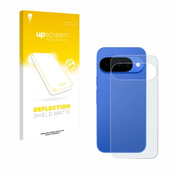 Parte frontal de un envase de producto con el logotipo de la marca upscreen. Al lado se muestra el dispositivo Google Pixel 10