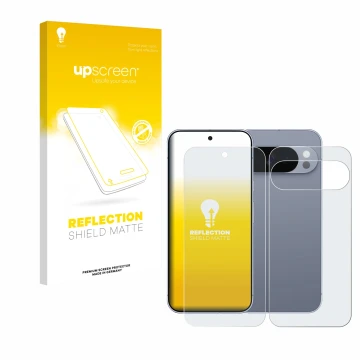 Parte frontal de un envase de producto con el logotipo de la marca upscreen. Al lado se muestra el dispositivo Google Pixel 10