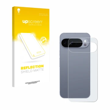 Parte frontal de un envase de producto con el logotipo de la marca upscreen. Al lado se muestra el dispositivo Google Pixel 10