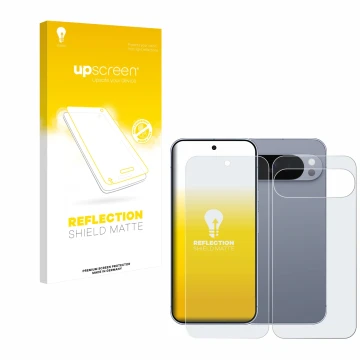 Parte frontal de un envase de producto con el logotipo de la marca upscreen. Al lado se muestra el dispositivo Google Pixel 10