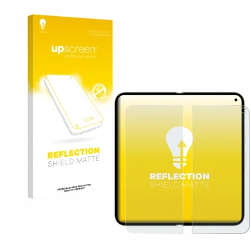 Parte frontal de un envase de producto con el logotipo de la marca upscreen. Al lado se muestra el dispositivo Google Pixel 10