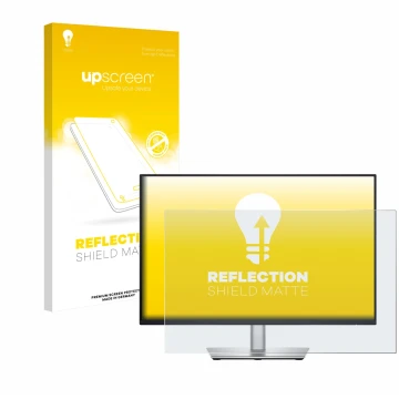 Parte frontal de un envase de producto con el logotipo de la marca upscreen. Al lado se muestra el dispositivo Dell Pro 24 Plu