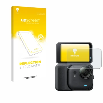 Parte frontal de un envase de producto con el logotipo de la marca upscreen. Al lado se muestra el dispositivo Insta360 Go Ult