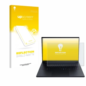 Parte frontal de un envase de producto con el logotipo de la marca upscreen. Al lado se muestra el dispositivo Razer Blade 18 