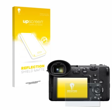 Parte frontal de un envase de producto con el logotipo de la marca upscreen. Al lado se muestra el dispositivo Sony Cinema Lin