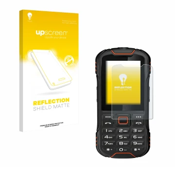 Parte frontal de un envase de producto con el logotipo de la marca upscreen. Al lado se muestra el dispositivo Gigaset GLX8 co