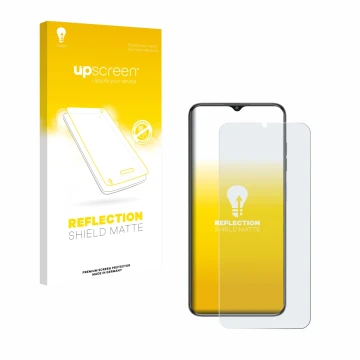 Parte frontal de un envase de producto con el logotipo de la marca upscreen. Al lado se muestra el dispositivo Oukitel C1 con 