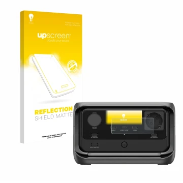 Parte frontal de un envase de producto con el logotipo de la marca upscreen. Al lado se muestra el dispositivo EcoFlow River 3