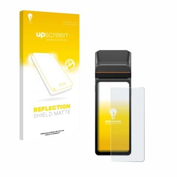 Parte frontal de un envase de producto con el logotipo de la marca upscreen. Al lado se muestra el dispositivo Sunmi V3H con s