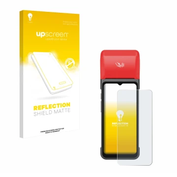 Parte frontal de un envase de producto con el logotipo de la marca upscreen. Al lado se muestra el dispositivo iMin Swift 2 Pr