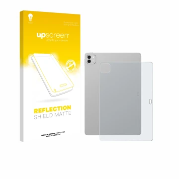 Parte frontal de un envase de producto con el logotipo de la marca upscreen. Al lado se muestra el dispositivo Honor Magicpad 
