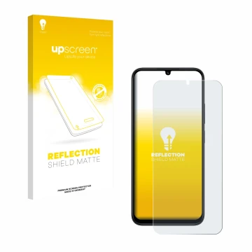 Parte frontal de un envase de producto con el logotipo de la marca upscreen. Al lado se muestra el dispositivo Xiaomi Redmi 15