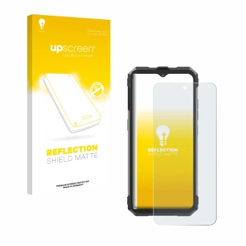 Parte frontal de un envase de producto con el logotipo de la marca upscreen. Al lado se muestra el dispositivo Cubot King Kong
